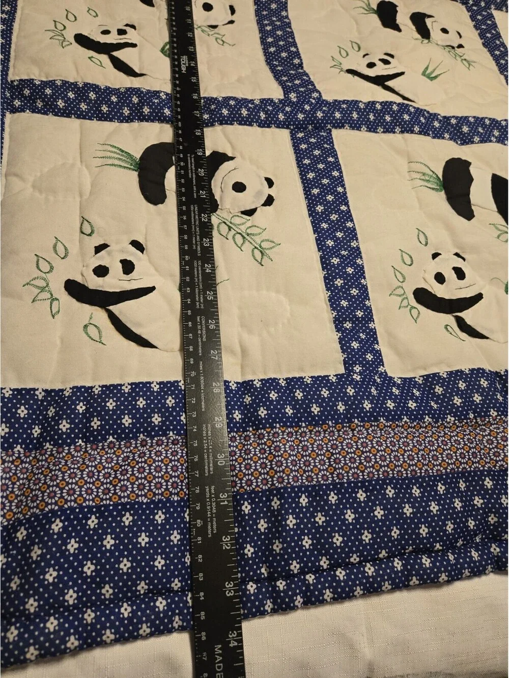 Cute Panda Bear Handmade Baby Quilt Blue Geometric Border Nursery Crib Blanket
